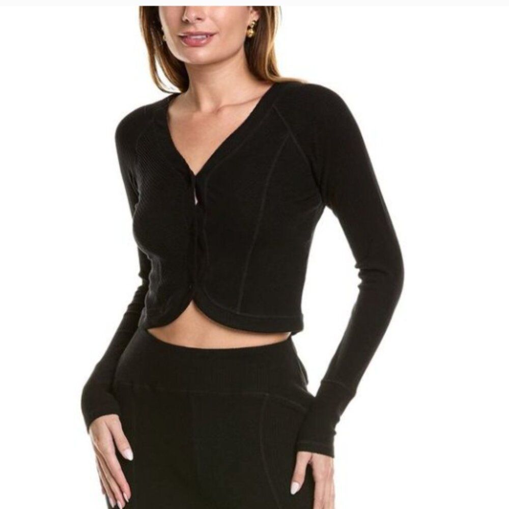 NWT AREA STARS RIBBED BOYFRIEND BUTTON FRONT TULIP HEM CROP TOP/CARDIGAN BLACK L